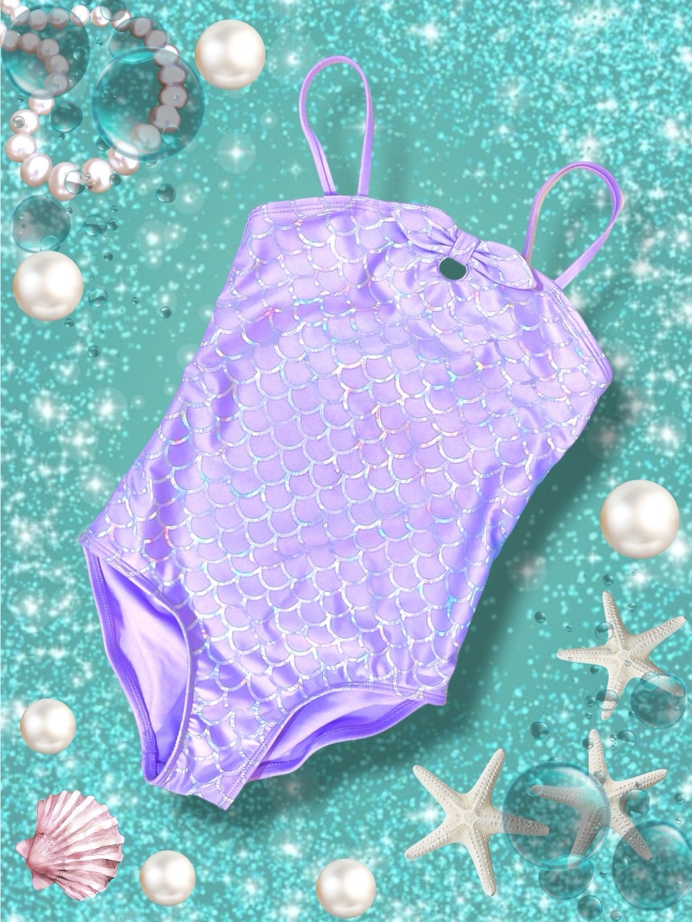 Cat & Jack Girls Mermaid‑Scale Swimsuit Lavender Iridescent One‑Piece M
